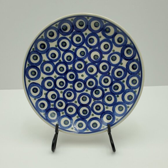Polish Pottery Eyes Wide Open Salad Plate Blue Green Circles Dots Plate - Picture 1 of 6